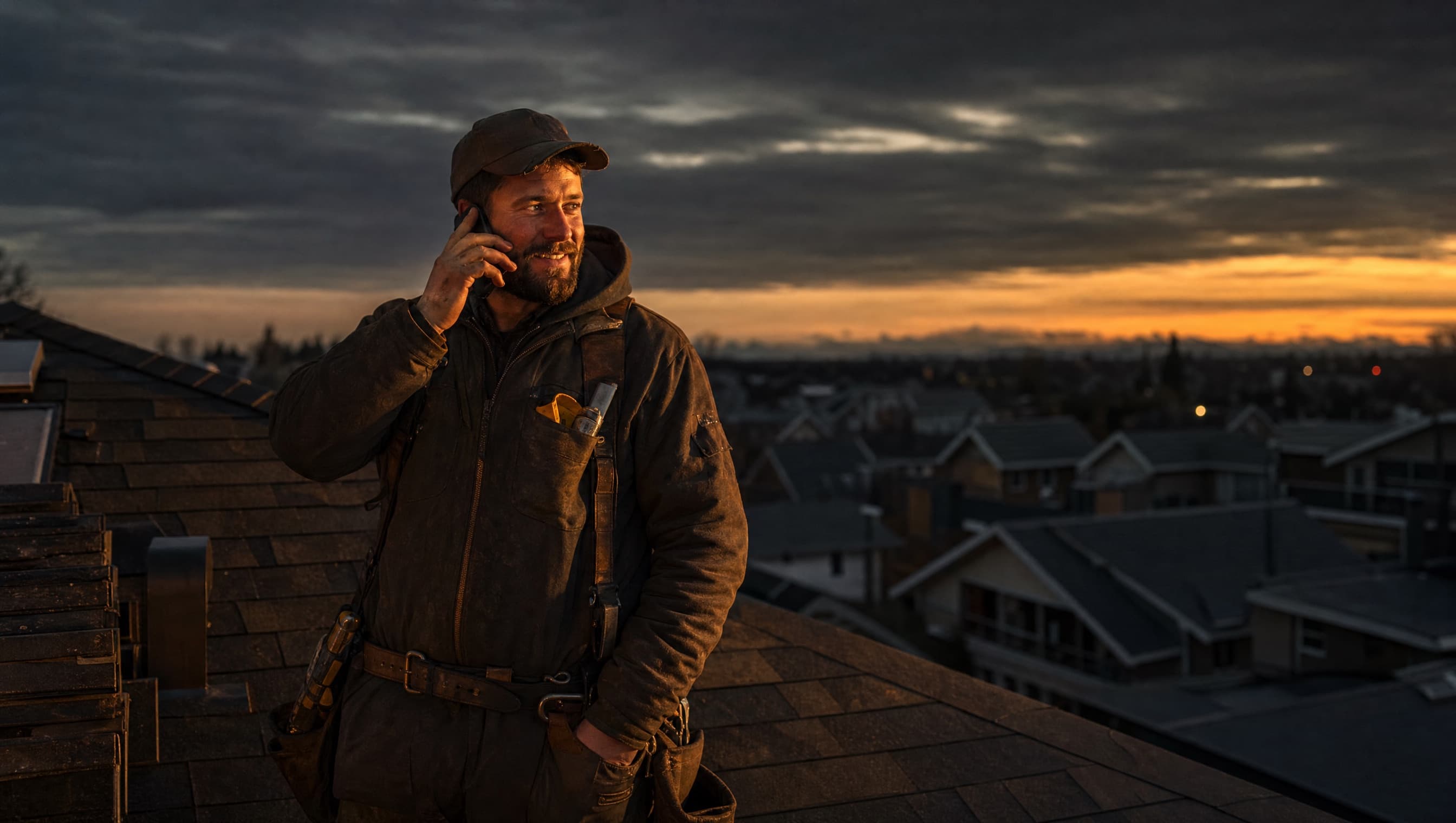Roofing contractor answering a customer call on site at dusk
